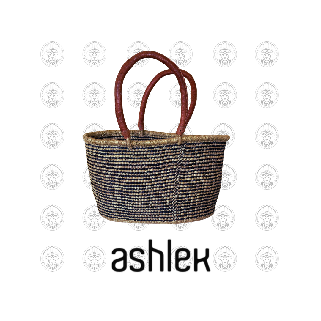 Handmade African Market Basket - Large Hand Woven Shopping Basket - Leather Handle Bin - Rustic Decor Basket - Elephant Grass Tote