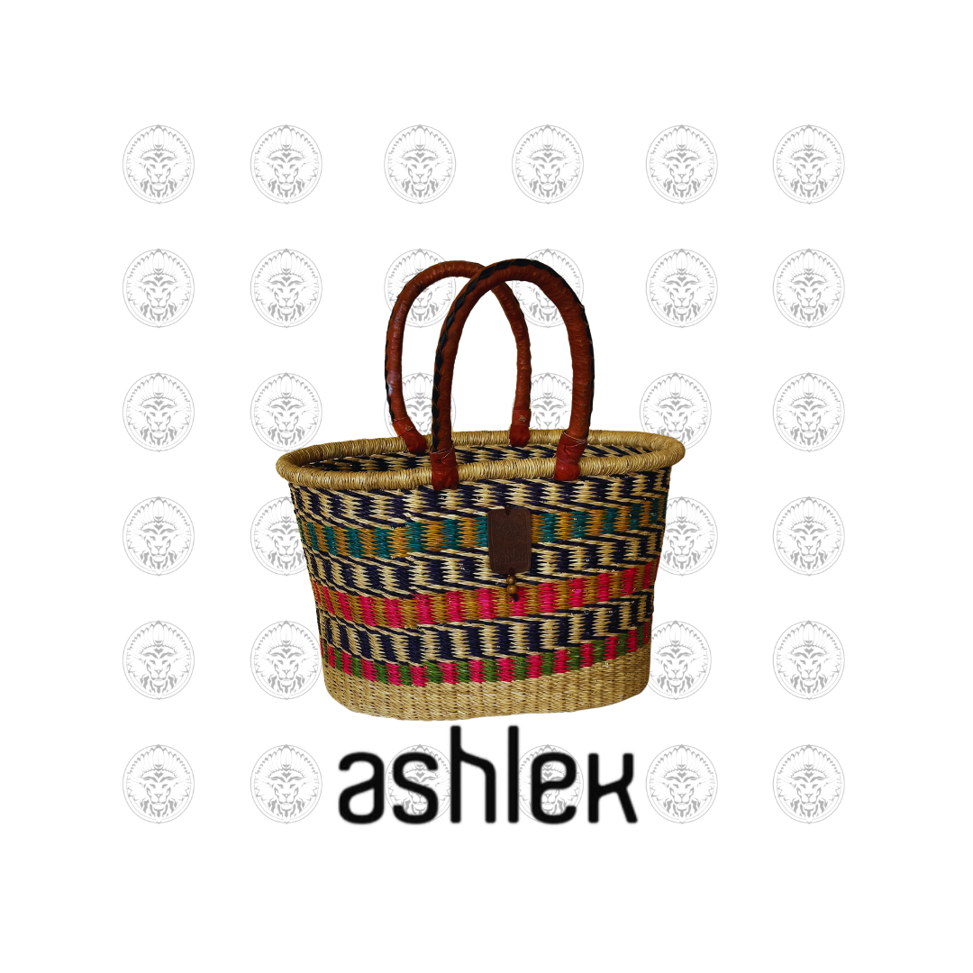 Handmade African Market Basket - Large Hand Woven Shopping Basket - Leather Handle Bin - Rustic Decor Basket - Elephant Grass Tote