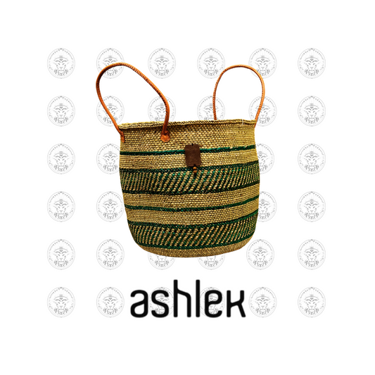 Medium Hand Woven Laundry Basket - Elephant Grass Storage Bin - Handmade Blanket Basket - Leather Handles Basket - Organic Laundry Bin